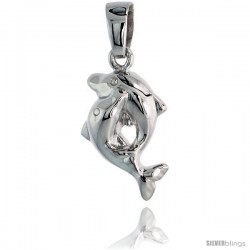 Sterling Silver Jeweled Kissing Dolphins Pendant, w/ Cubic Zirconia stones, 5/8" (16 mm)