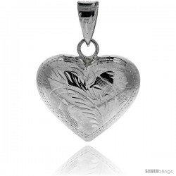 Sterling Silver Hand Engraved Large 1" Hollow Puffed Heart, with 18" Box chain.