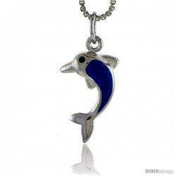 Sterling Silver Child Size Dolphin Pendant, w/ Blue Enamel Design, 13/16" (20 mm) tall