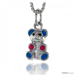 Sterling Silver Child Size Teddy Bear Pendant, w/ Blue & Pink Enamel Design, 1/2" (13 mm) tall