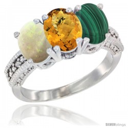 10K White Gold Natural Opal, Whisky Quartz & Malachite Ring 3-Stone Oval 7x5 mm Diamond Accent