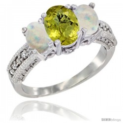 10K White Gold Ladies Oval Natural Lemon Quartz 3-Stone Ring with Opal Sides Diamond Accent