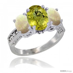 10K White Gold Ladies Natural Lemon Quartz Oval 3 Stone Ring with Opal Sides Diamond Accent