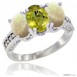 10K White Gold Natural Lemon Quartz & Opal Ring 3-Stone Oval 7x5 mm Diamond Accent