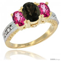 10K Yellow Gold Ladies Oval Natural Smoky Topaz 3-Stone Ring with Pink Topaz Sides Diamond Accent