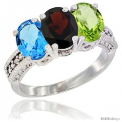 14K White Gold Natural Swiss Blue Topaz, Garnet & Peridot Ring 3-Stone 7x5 mm Oval Diamond Accent