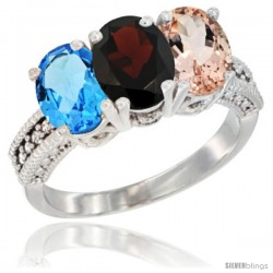 14K White Gold Natural Swiss Blue Topaz, Garnet & Morganite Ring 3-Stone 7x5 mm Oval Diamond Accent