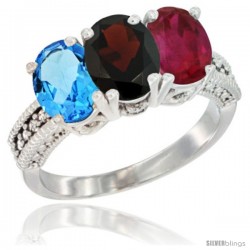 14K White Gold Natural Swiss Blue Topaz, Garnet & Ruby Ring 3-Stone 7x5 mm Oval Diamond Accent