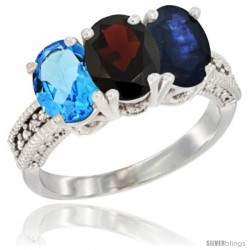 14K White Gold Natural Swiss Blue Topaz, Garnet & Blue Sapphire Ring 3-Stone 7x5 mm Oval Diamond Accent