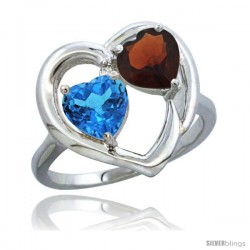 14k White Gold 2-Stone Heart Ring 6mm Natural Swiss Blue & Garnet Diamond Accent