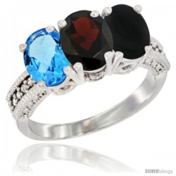 14K White Gold Natural Swiss Blue Topaz, Garnet & Black Onyx Ring 3-Stone 7x5 mm Oval Diamond Accent