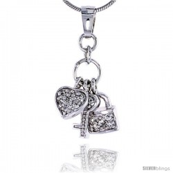 Sterling Silver Jeweled Pendant, w/ Heart Key Padlock & Cubic Zirconia, 13/16" (21 mm)