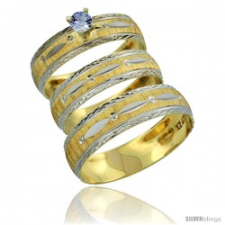 10k Gold 3-Piece Trio Light Blue Sapphire Wedding Ring Set Him & Her 0.10 ct Rhodium Accent Diamond-cut Pattern -Style 10y502w3