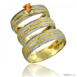 10k Gold 3-Piece Trio Orange Sapphire Wedding Ring Set Him & Her 0.10 ct Rhodium Accent Diamond-cut Pattern -Style 10y502w3