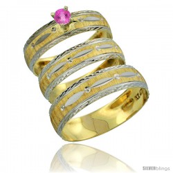 10k Gold 3-Piece Trio Pink Sapphire Wedding Ring Set Him & Her 0.10 ct Rhodium Accent Diamond-cut Pattern -Style 10y502w3