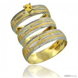 10k Gold 3-Piece Trio Yellow Sapphire Wedding Ring Set Him & Her 0.10 ct Rhodium Accent Diamond-cut Pattern -Style 10y502w3