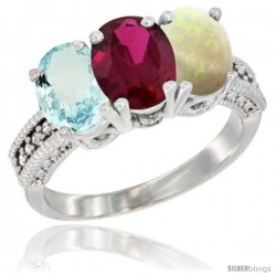 14K White Gold Natural Aquamarine, Ruby & Opal Ring 3-Stone Oval 7x5 mm Diamond Accent