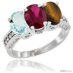 14K White Gold Natural Aquamarine, Ruby & Tiger Eye Ring 3-Stone Oval 7x5 mm Diamond Accent