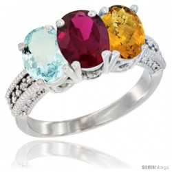 14K White Gold Natural Aquamarine, Ruby & Whisky Quartz Ring 3-Stone Oval 7x5 mm Diamond Accent