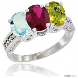 14K White Gold Natural Aquamarine, Ruby & Lemon Quartz Ring 3-Stone Oval 7x5 mm Diamond Accent