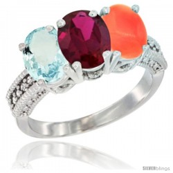 14K White Gold Natural Aquamarine, Ruby & Coral Ring 3-Stone Oval 7x5 mm Diamond Accent