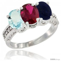 14K White Gold Natural Aquamarine, Ruby & Lapis Ring 3-Stone Oval 7x5 mm Diamond Accent