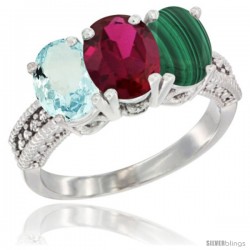 14K White Gold Natural Aquamarine, Ruby & Malachite Ring 3-Stone Oval 7x5 mm Diamond Accent