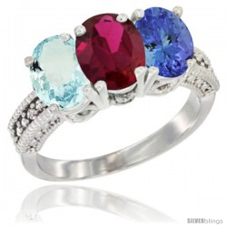 14K White Gold Natural Aquamarine, Ruby & Tanzanite Ring 3-Stone Oval 7x5 mm Diamond Accent