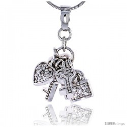 Sterling Silver Jeweled Pendant w/ Heart Key Padlock & Cubic Zirconia, 7/8" (22 mm)