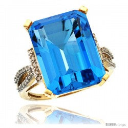 14k Yellow Gold Diamond Swiss Blue Topaz Ring 12 ct Emerald Shape 16x12 Stone 3/4 in wide