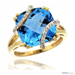 14k Yellow Gold Diamond Swiss Blue Topaz Ring 7.5 ct Cushion Cut 12 mm Stone, 1/2 in wide