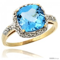 14k Yellow Gold Diamond Swiss Blue Topaz Ring 2.08 ct Cushion cut 8 mm Stone 1/2 in wide