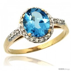 14k Yellow Gold Diamond Swiss Blue Topaz Ring Oval Stone 8x6 mm 1.17 ct 3/8 in wide