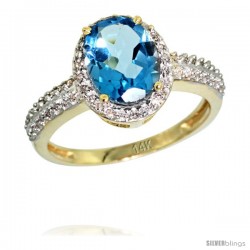 14k Yellow Gold Diamond Swiss Blue Topaz Ring Oval Stone 9x7 mm 1.76 ct 1/2 in wide