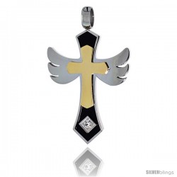 Stainless Steel Angel Wings Cross Pendant 2-Tone w/ CZ Stone, 30 in chain