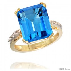 14k Yellow Gold Diamond Swiss Blue Topaz Ring 5.83 ct Emerald Shape 12x10 Stone 1/2 in wide