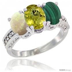 10K White Gold Natural Opal, Lemon Quartz & Malachite Ring 3-Stone Oval 7x5 mm Diamond Accent