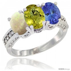 10K White Gold Natural Opal, Lemon Quartz & Tanzanite Ring 3-Stone Oval 7x5 mm Diamond Accent