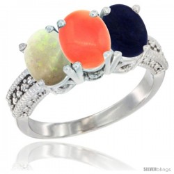 10K White Gold Natural Opal, Coral & Lapis Ring 3-Stone Oval 7x5 mm Diamond Accent