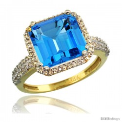 14k Yellow Gold Diamond Halo Swiss Blue Topaz Ring Checkerboard Cushion 11 mm 5.85 ct 1/2 in wide