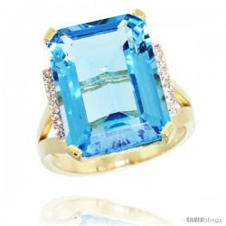 14k Yellow Gold Diamond Swiss Blue Topaz Ring 12 ct Emerald Cut 16x12 stone 3/4 in wide