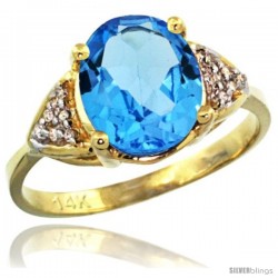 14k Yellow Gold Diamond Swiss Blue Topaz Ring 2.40 ct Oval 10x8 Stone 3/8 in wide