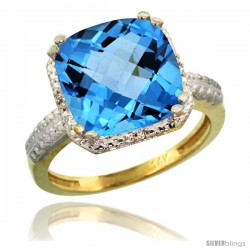 14k Yellow Gold Diamond Swiss Blue Topaz Ring 5.94 ct Checkerboard Cushion 11 mm Stone 1/2 in wide