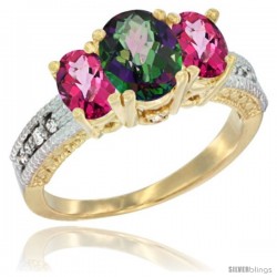 10K Yellow Gold Ladies Oval Natural Mystic Topaz 3-Stone Ring with Pink Topaz Sides Diamond Accent