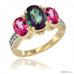 10K Yellow Gold Ladies 3-Stone Oval Natural Mystic Topaz Ring with Pink Topaz Sides Diamond Accent