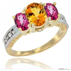 10K Yellow Gold Ladies Oval Natural Citrine 3-Stone Ring with Pink Topaz Sides Diamond Accent