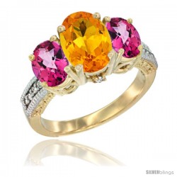 10K Yellow Gold Ladies 3-Stone Oval Natural Citrine Ring with Pink Topaz Sides Diamond Accent