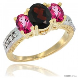 10K Yellow Gold Ladies Oval Natural Garnet 3-Stone Ring with Pink Topaz Sides Diamond Accent