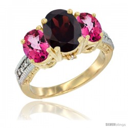 10K Yellow Gold Ladies 3-Stone Oval Natural Garnet Ring with Pink Topaz Sides Diamond Accent