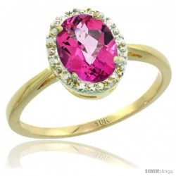 10k Yellow Gold Pink Topaz Diamond Halo Ring 1.17 Carat 8X6 mm Oval Shape, 1/2 in wide